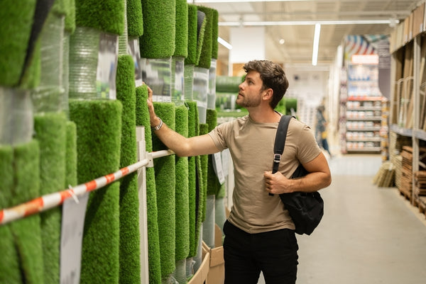 male picking roll of fake grass