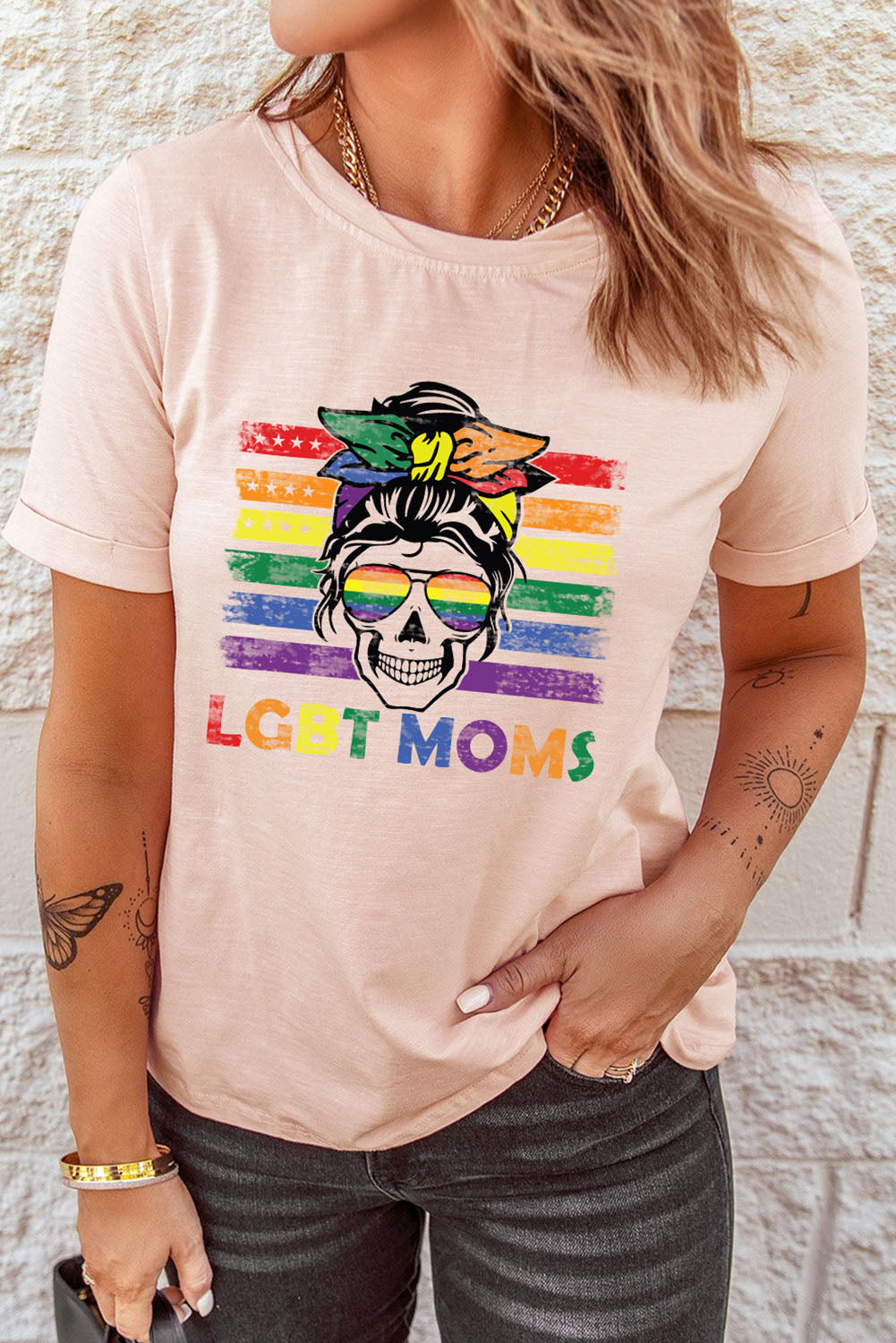 LC25216033-10-S, LC25216033-10-M, LC25216033-10-L, LC25216033-10-XL, LC25216033-10-2XL, Pink Pride Shirt Women Rainbow T-Shirt LGBT Moms Skull Print T Shirts