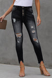 Black Women’s Stretchy Skinny High Rise Pants Button Ripped Denim Jeans LC78227-2