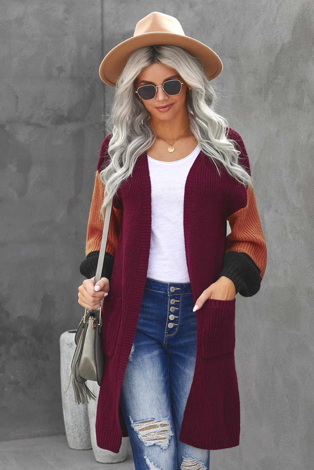 Cardigan à manches longues pour femmes avec devant ouvert en coton mélangé Colorblock Manteau Outwear