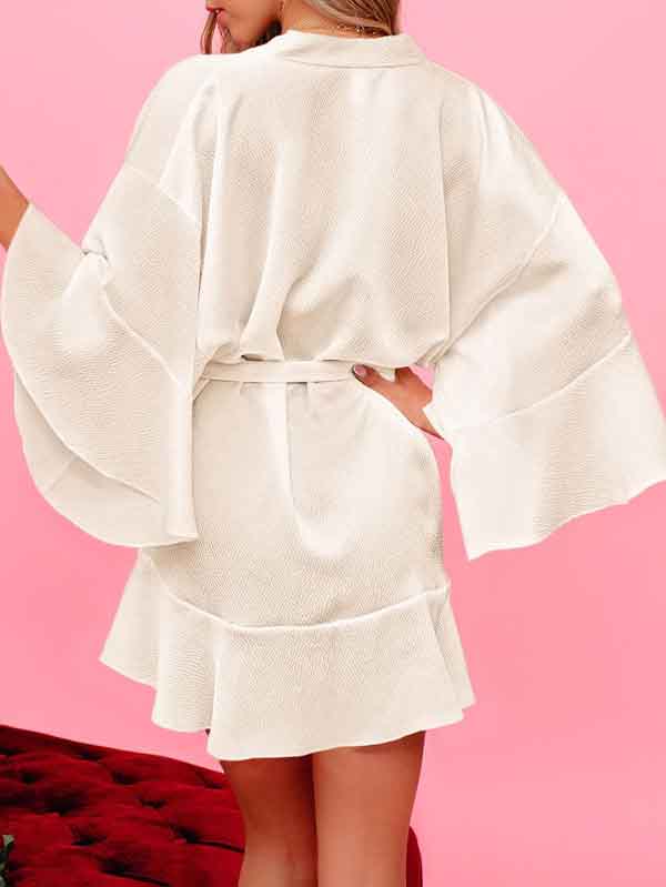 Women's Robe Bell Sleeve Wrap V Neck Mini Dress With Belt