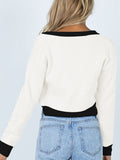 Women's V Neck Knitted Cardigan Button Front Color Block Crop Top