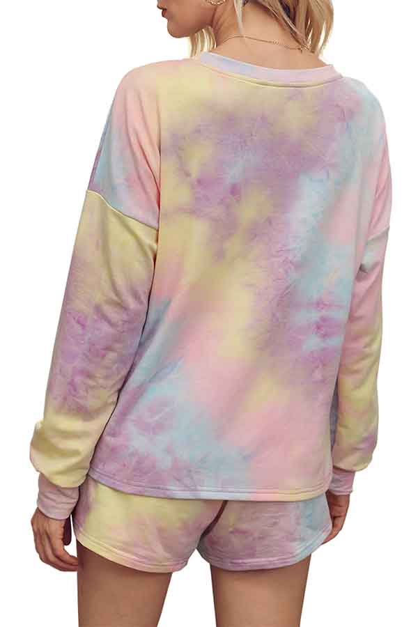 Drop Shoulder Tie Dye Top Shorts Pajama Set Light Purple