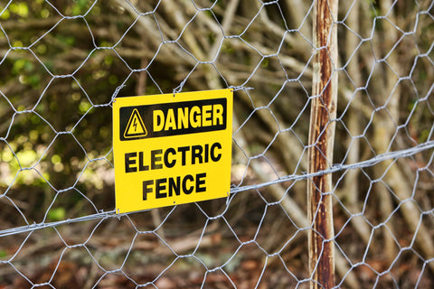 An electric fence with danger signage installed near branches of trees