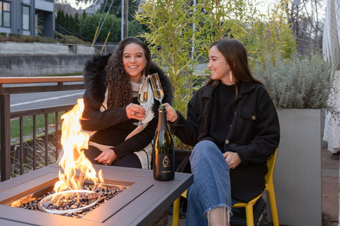 two women toasting with oregon white wine in evoke winery glasses at the new downtown hood river tasting room