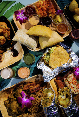 Caribbean Food Spread from Cocobreeze Caribbean Restaurant in Oakland Ca