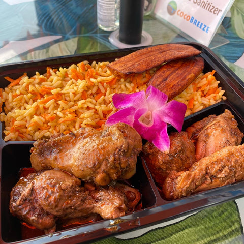 Jerk Chicken and Spicy Veggie Rice at Cocobreeze