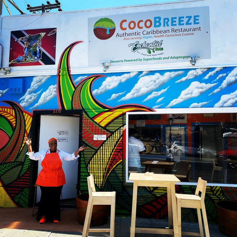 Executive Chef Ann outside Cocobreeze Caribbean Restaurant - Women-Owned, Black-Owned, Family-Owned, Locally-Owend Business in Oakland Ca