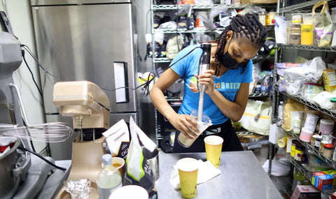 Merissa making vegan bulletproof latte at Cocobreeze in Oakland