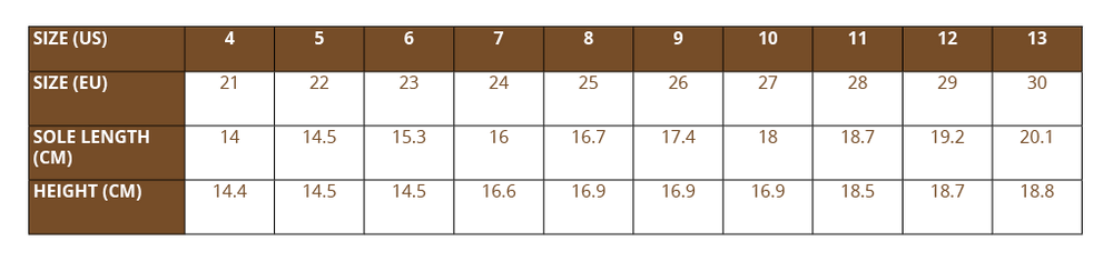 Gumboot Size Chart