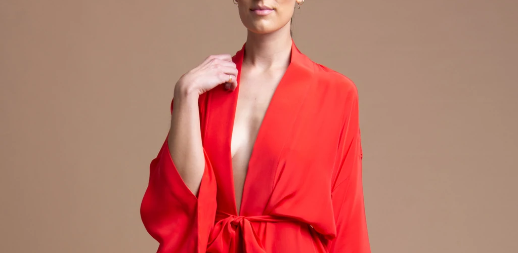 Kafka Simone model wearing the red YUKI Passion robe.