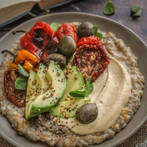 Savoury oat lentil with hummus mediterranean style