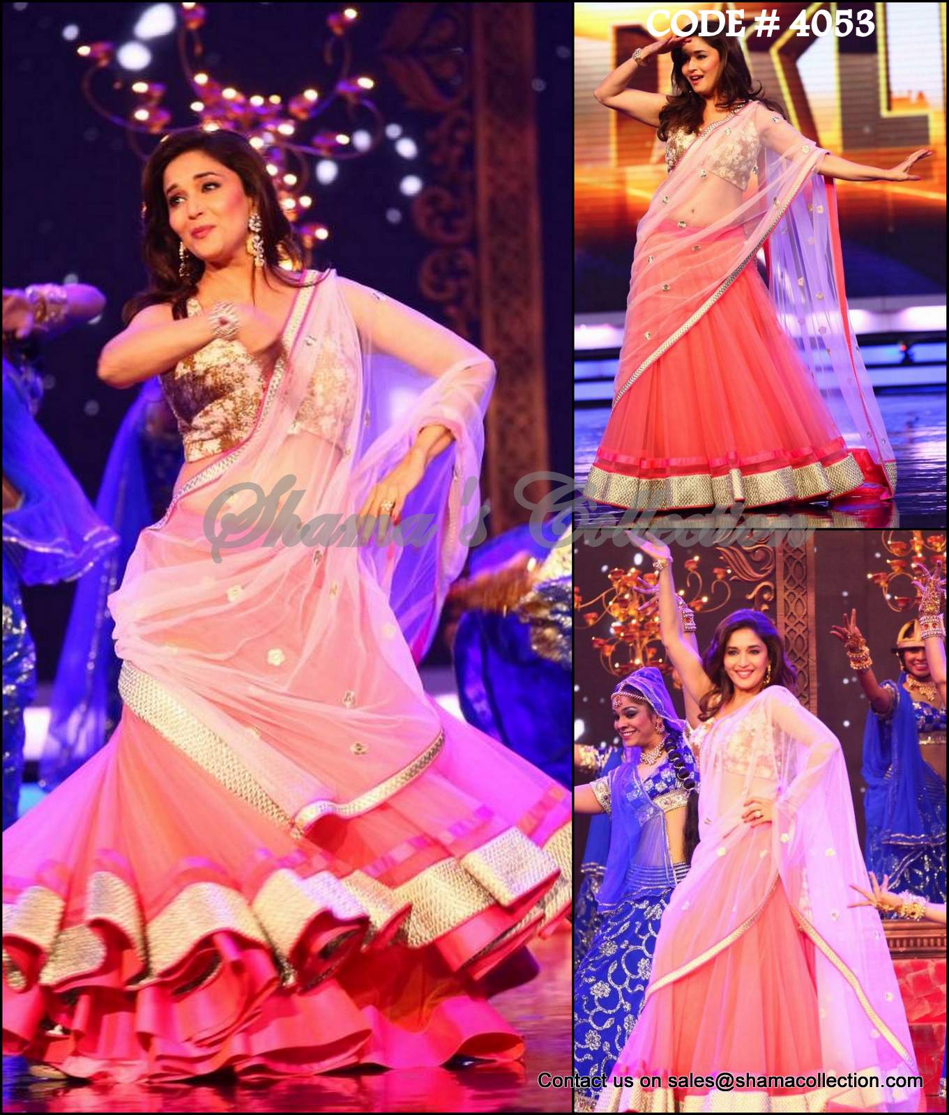 4053 Madhuri Dixit S Coral Gold Lehenga Half Saree Shama S Collection