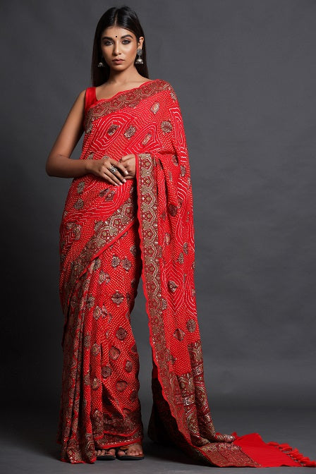Festive/ Party/ Sangeet/ Wedding Bandhni Work Saree In Red Colour