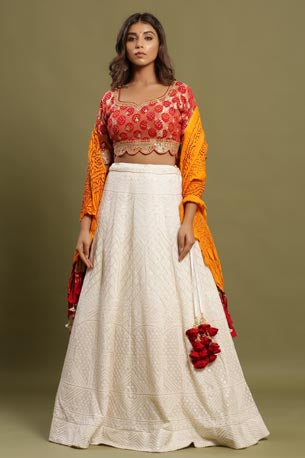 Festive/ Party/ Sangeet/ Wedding Chikankari Work Lehenga In White Colour