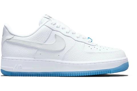 white air force ones with blue bottom