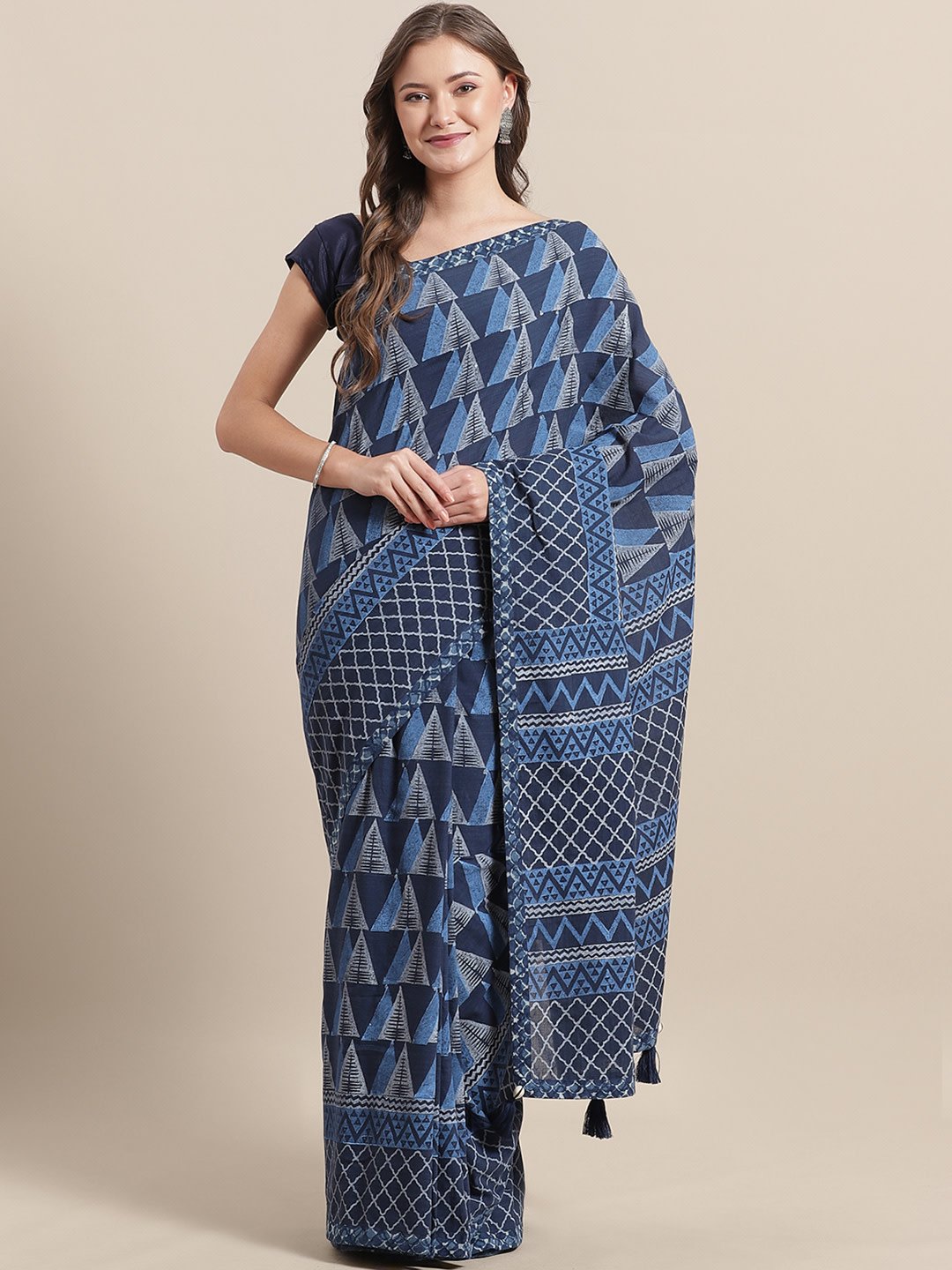 Navy Blue Cotton Silk Saree with green Pompom – Kaash