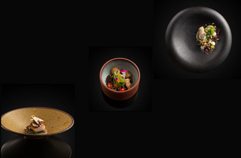 Three beautifully plated dishes sit on handcrafted ceramic plates from Maelstrom. Each plate is unique, with intricate details and textures that add to the visual appeal of the dish. The elegant presentation and use of high-quality ceramics create a truly luxurious dining experience. 