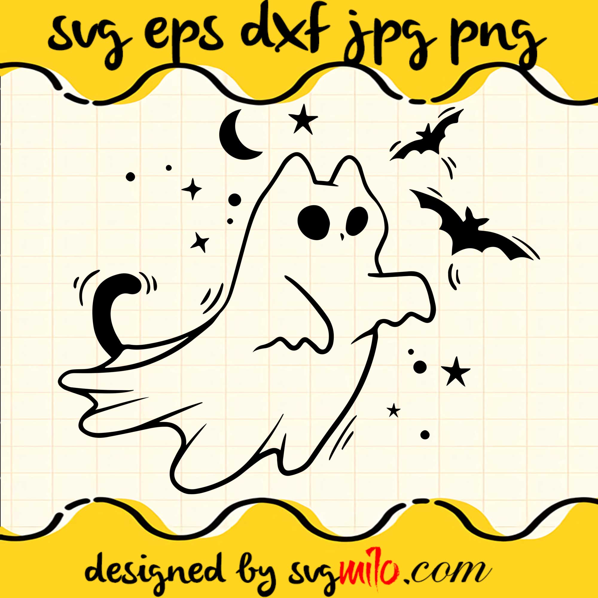 Сute Ghost Cat , Halloween Ghost SVG PNG DXF EPS Cut Files For Cricut