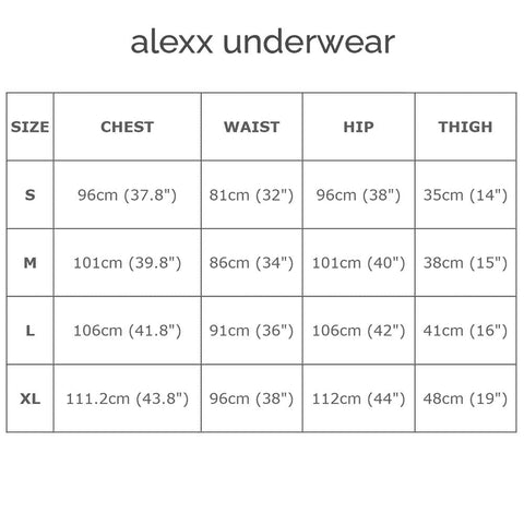 Alexx Underwear size chart