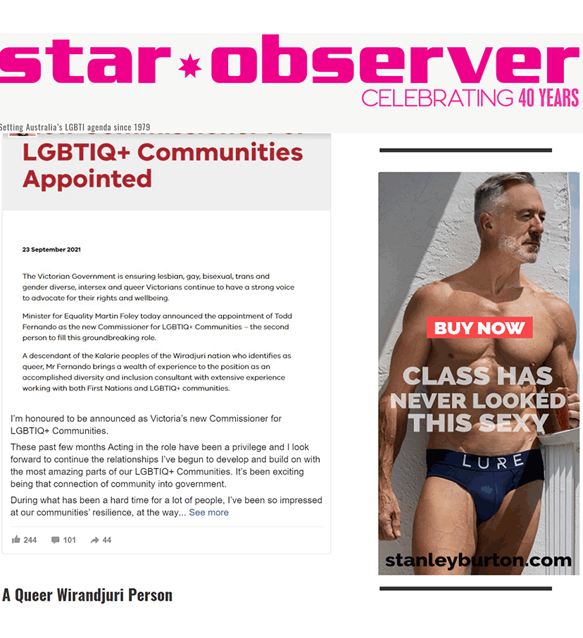 Sydney star observer ad for Stanley Burton featuring Clayton Paterson wearing Lure, but also it is important for us to have age diversity in men's underwear