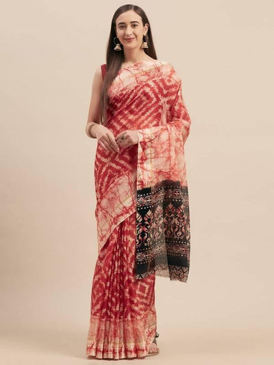 Red Cotton Traditional Ikat Print Saree With Satin Border - MANERAA