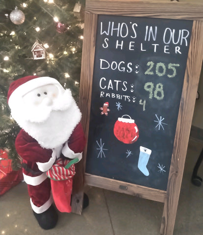 sign showing 205 dogs, 98 cats, and 4 rabbits at the shelter with Santa in front of a Christmas Tree