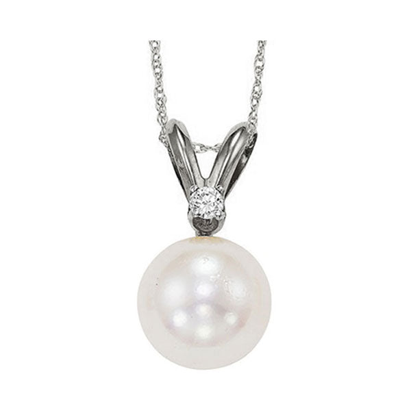 White Cultured Pearl & Diamond Pendant In 14K White Gold (1/30 Ct. Tw.) (7MM) - AAA Quality