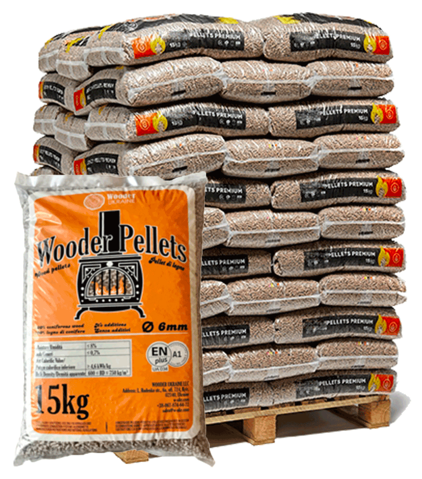 Pallet met 70 zakken brandhoutpellets van het merk Wooder