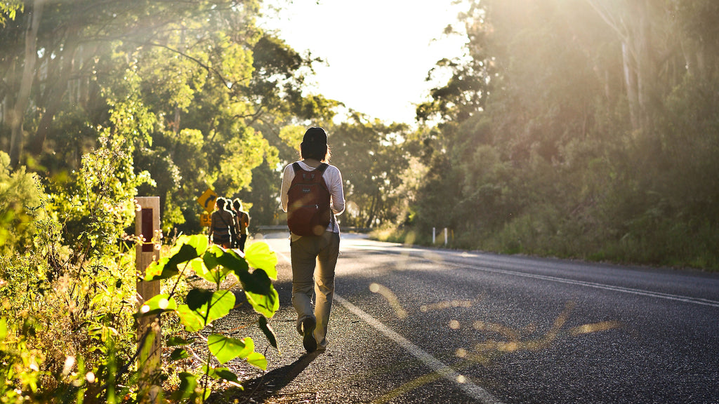 A-woman-walking-on-a-path-with-trees-on-both-sides