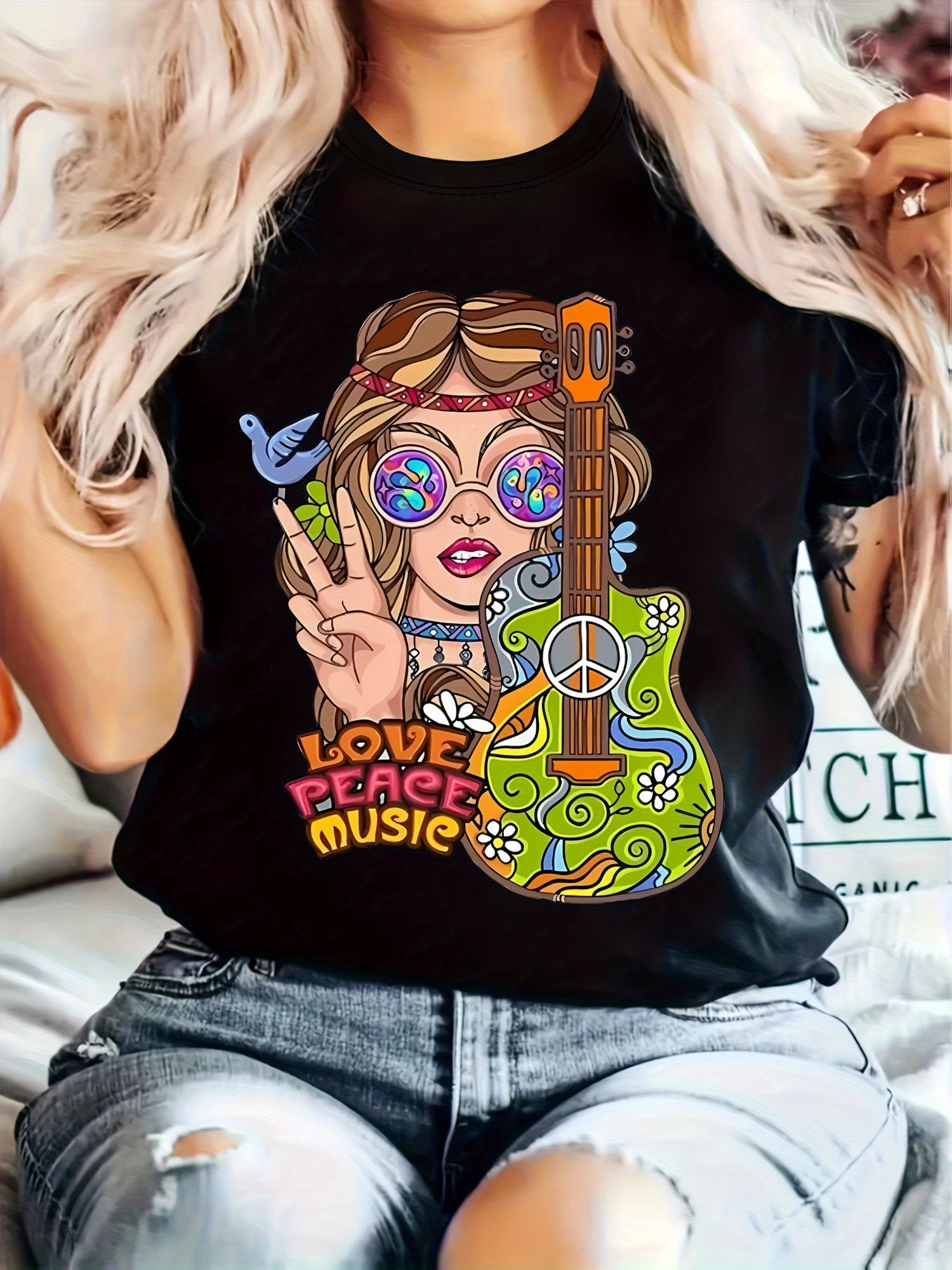 Women's Hippie Graphic T-Shirt - Peace & Music Print with Floral & Guitar Design, Casual Crew Neck Short Sleeve, Soft Polyester, Machine Washable Opaque Top for All Seasons, Hippie Clothes, Allseason Apparel, Vibrant Print Tee, Polyester Fabric