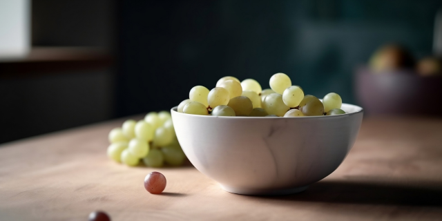 A bowl filled with green grapes on a wooden table