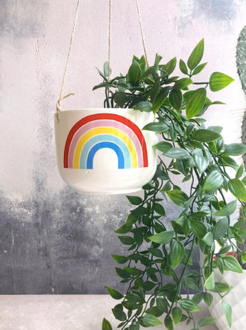 Rainbow hangling planter with trailing plants