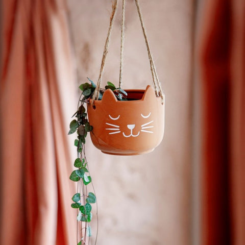 Sass & Belle Terracotta Hanging Cat Planter