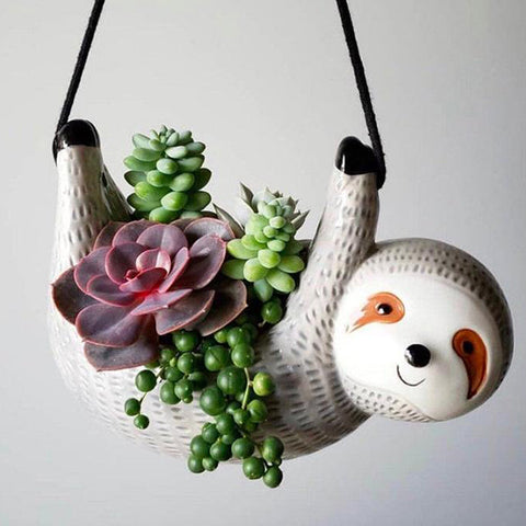 Large Gray Hanging Sloth Planter Pot