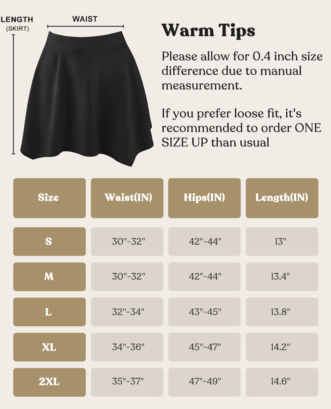HSIA Sports Skirt Size Chart