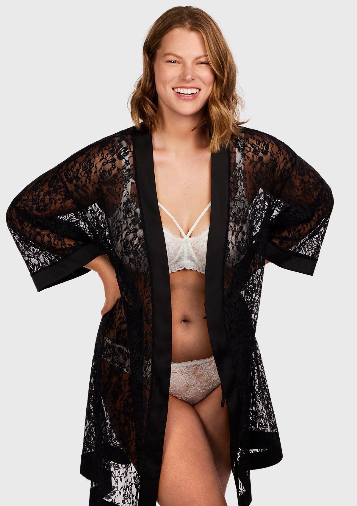 Azalea Sheer Floral Lace Wrap Robe - L / Black