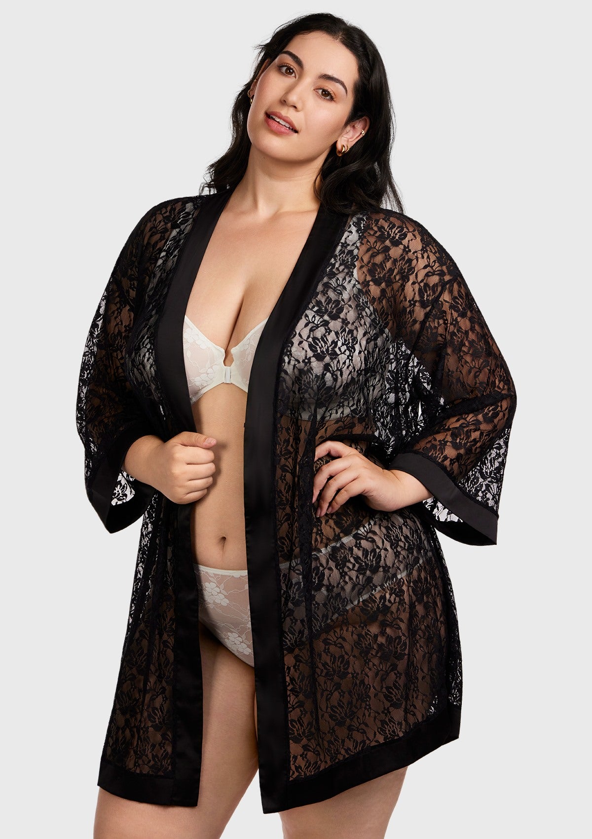 Azalea Sheer Floral Lace Wrap Robe - L / Black