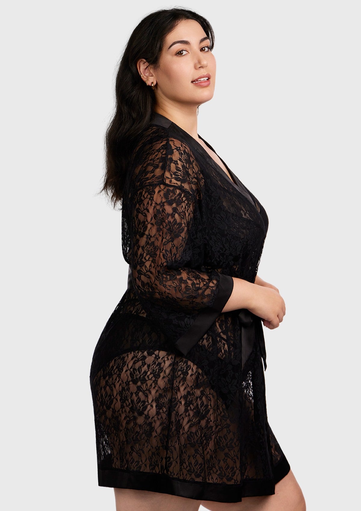 Azalea Sheer Floral Lace Wrap Robe - M / Black