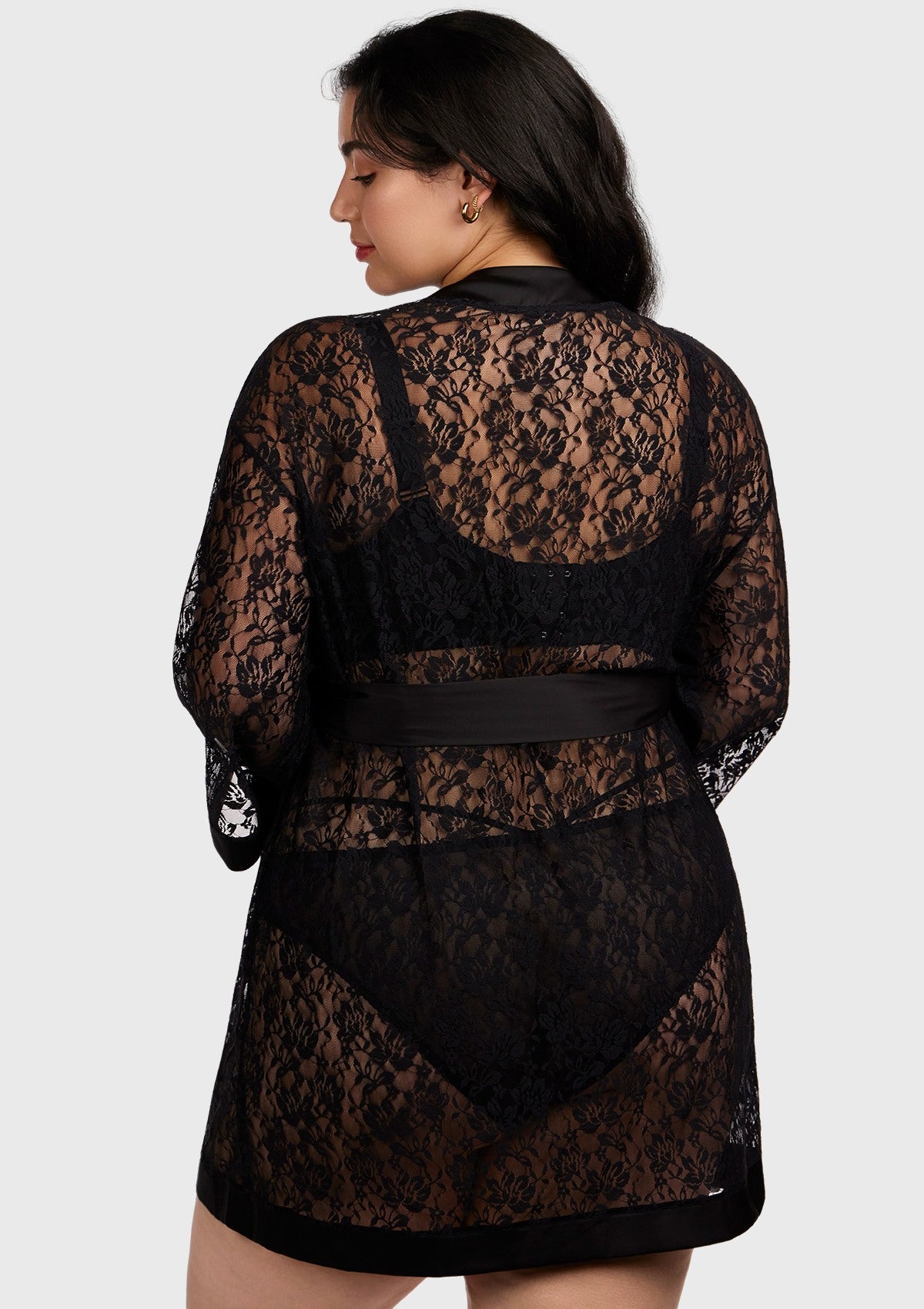 Azalea Sheer Floral Lace Wrap Robe - S / Black