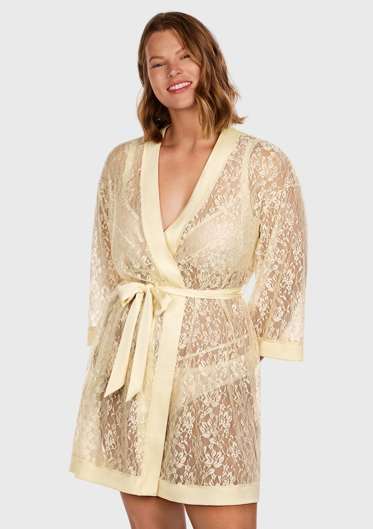 Azalea Sheer Floral Lace Wrap Robe - M / Nude