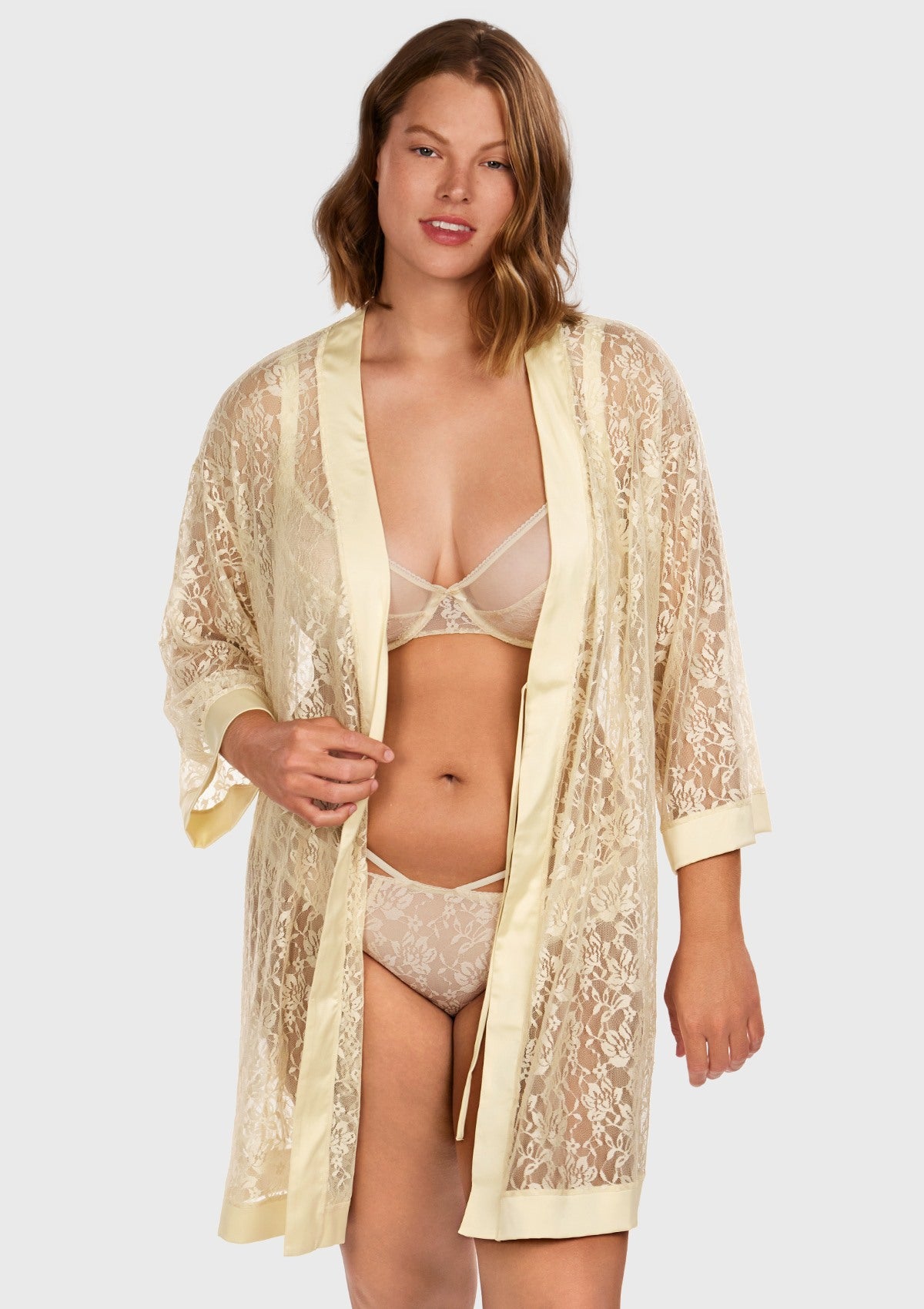 Azalea Sheer Floral Lace Wrap Robe - M / Nude