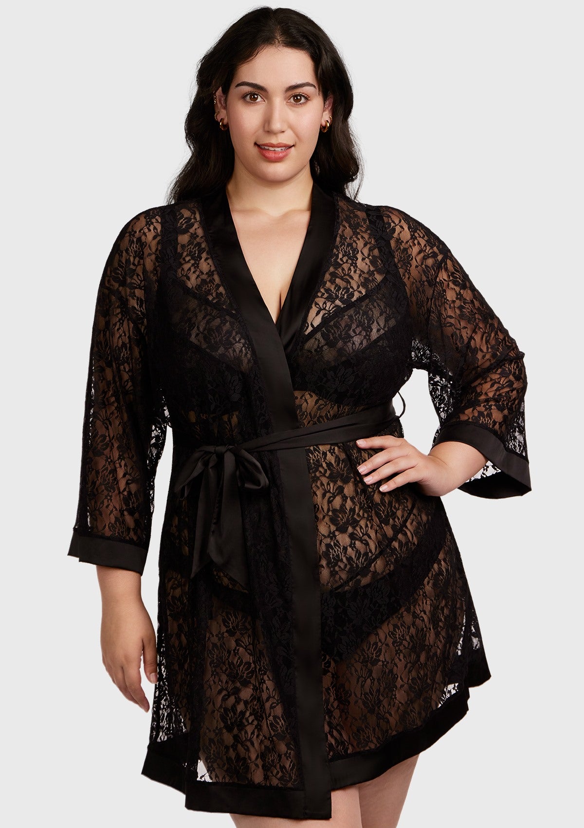 Azalea Sheer Floral Lace Wrap Robe - L / Black