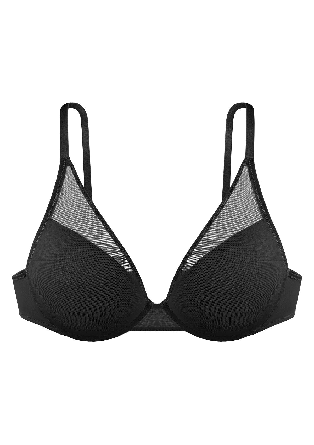 Deep V Plunge Mesh T-shirt Push-Up Bra - Black / 38 / D