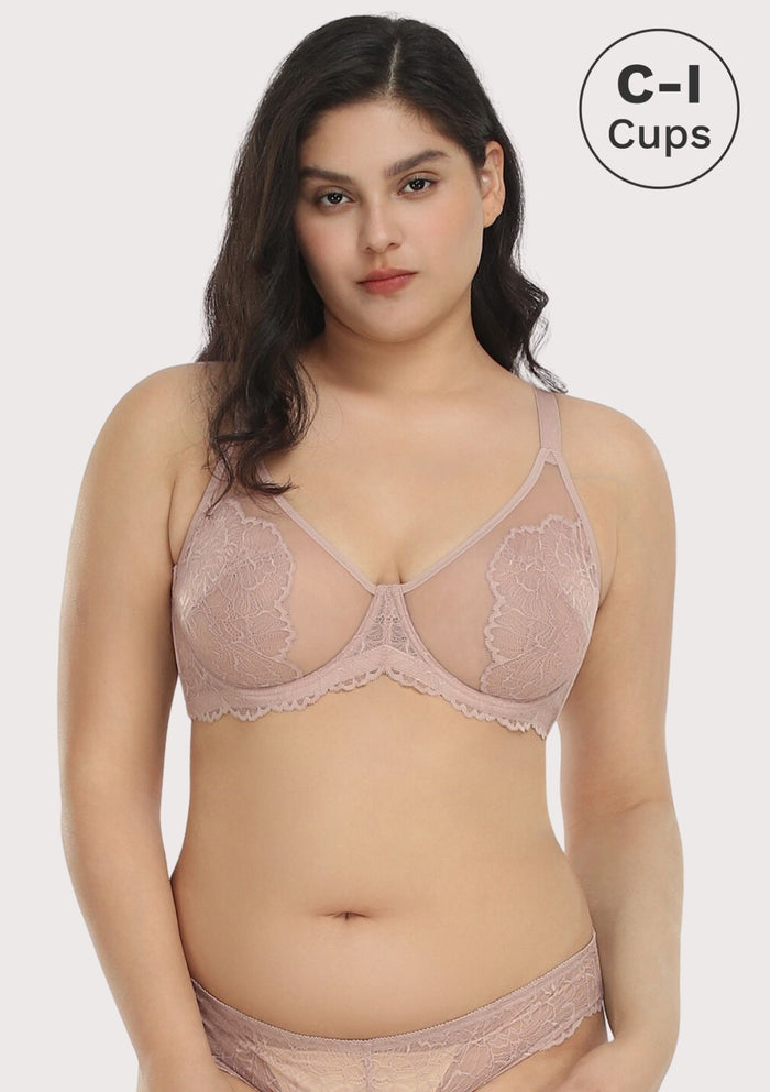 HSIA Blossom Plus Size Lace Bra - Wired, Unpadded, See-Through - Dark Pink / 44 / C