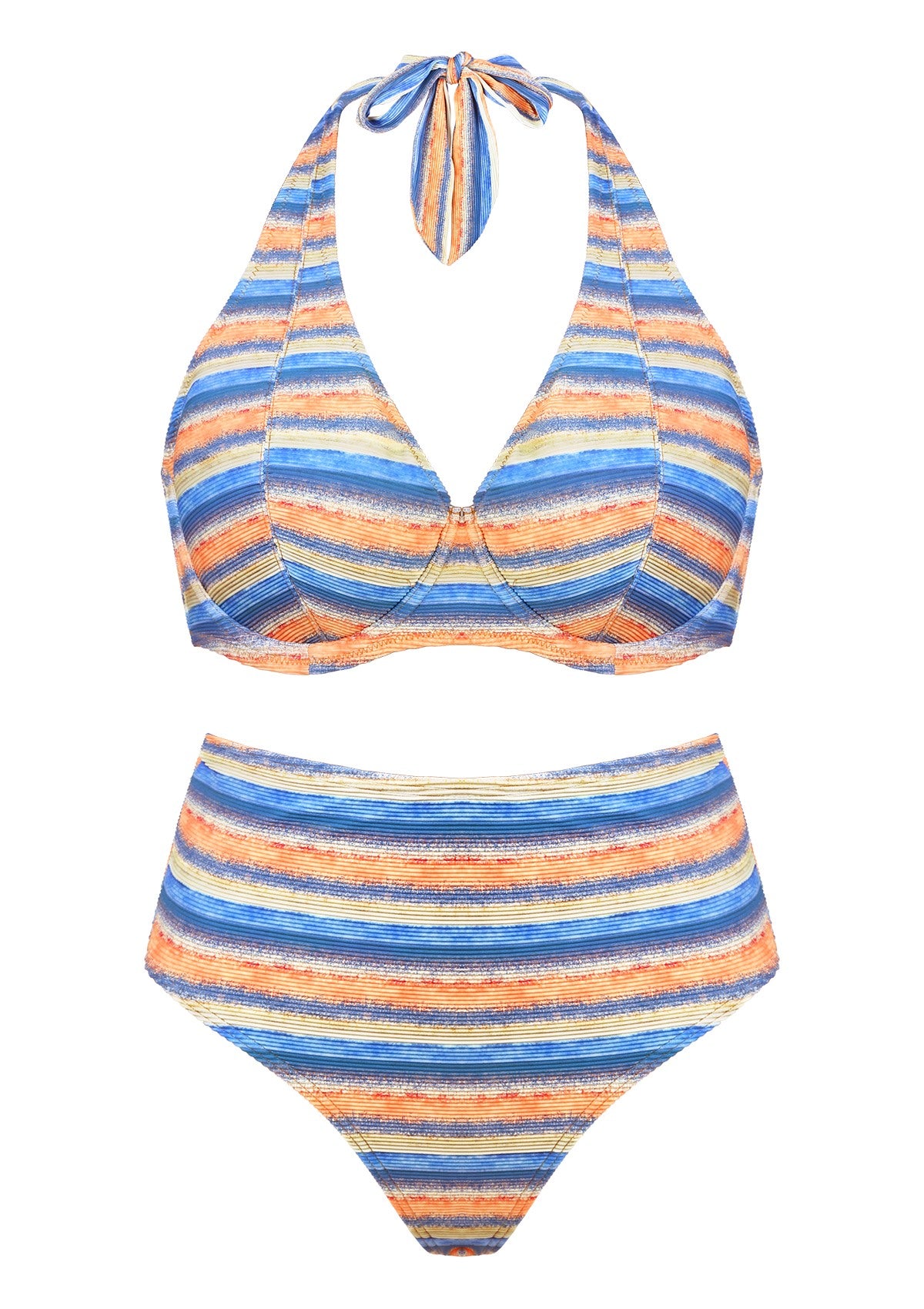 Multi Colored Striped Textured Halter Bikini Set - 3XL