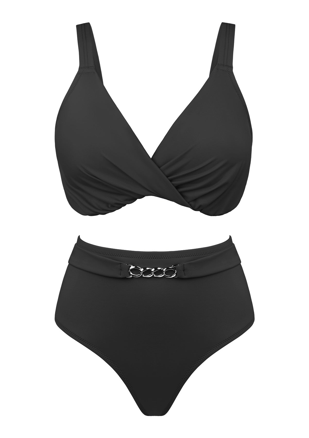 Ruched Crisscross Front Underwire Swim Bikini Set - M / Black