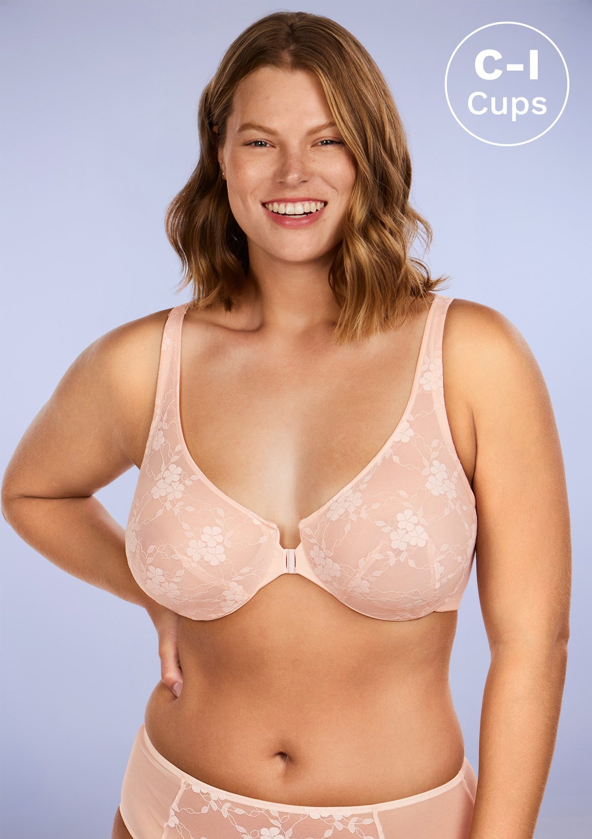 HSIA Spring Romance Front-Close Floral Lace Unlined Full Coverage Bra - Dusty Peach / 34 / DD/E
