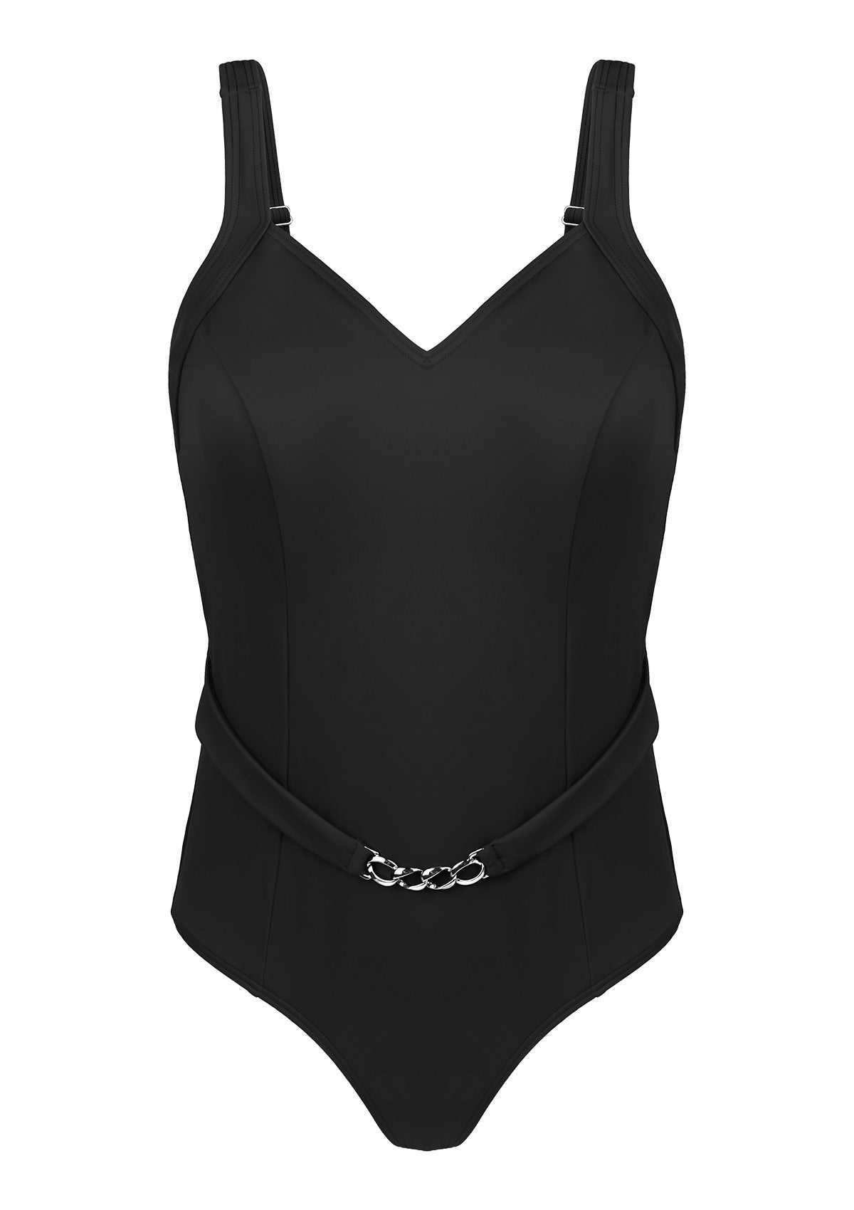 V-Neck Chain Trim One-Piece Swimwear - Black / L