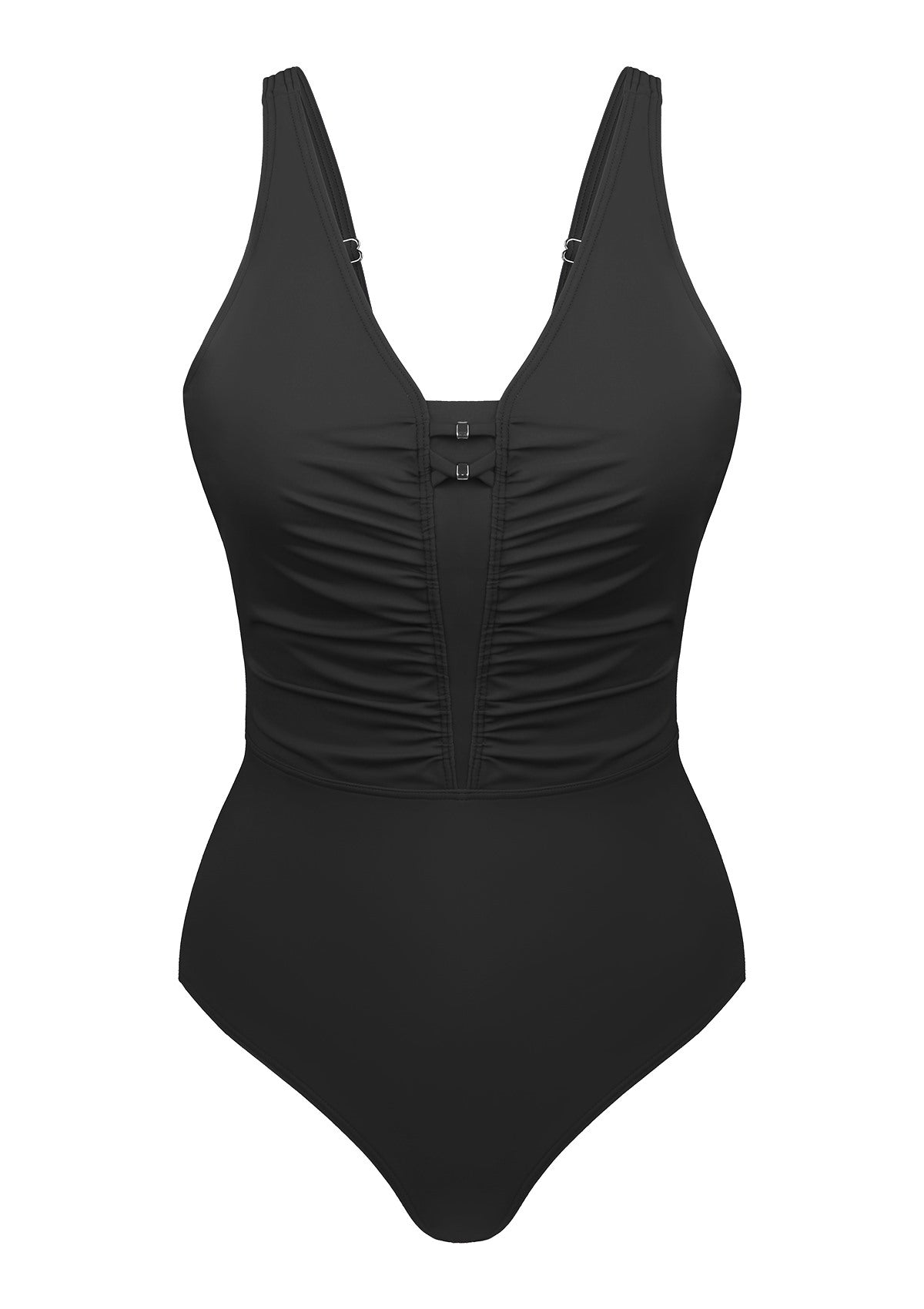 V-Neck Shirred One-Piece Swimwear - Black / 4XL